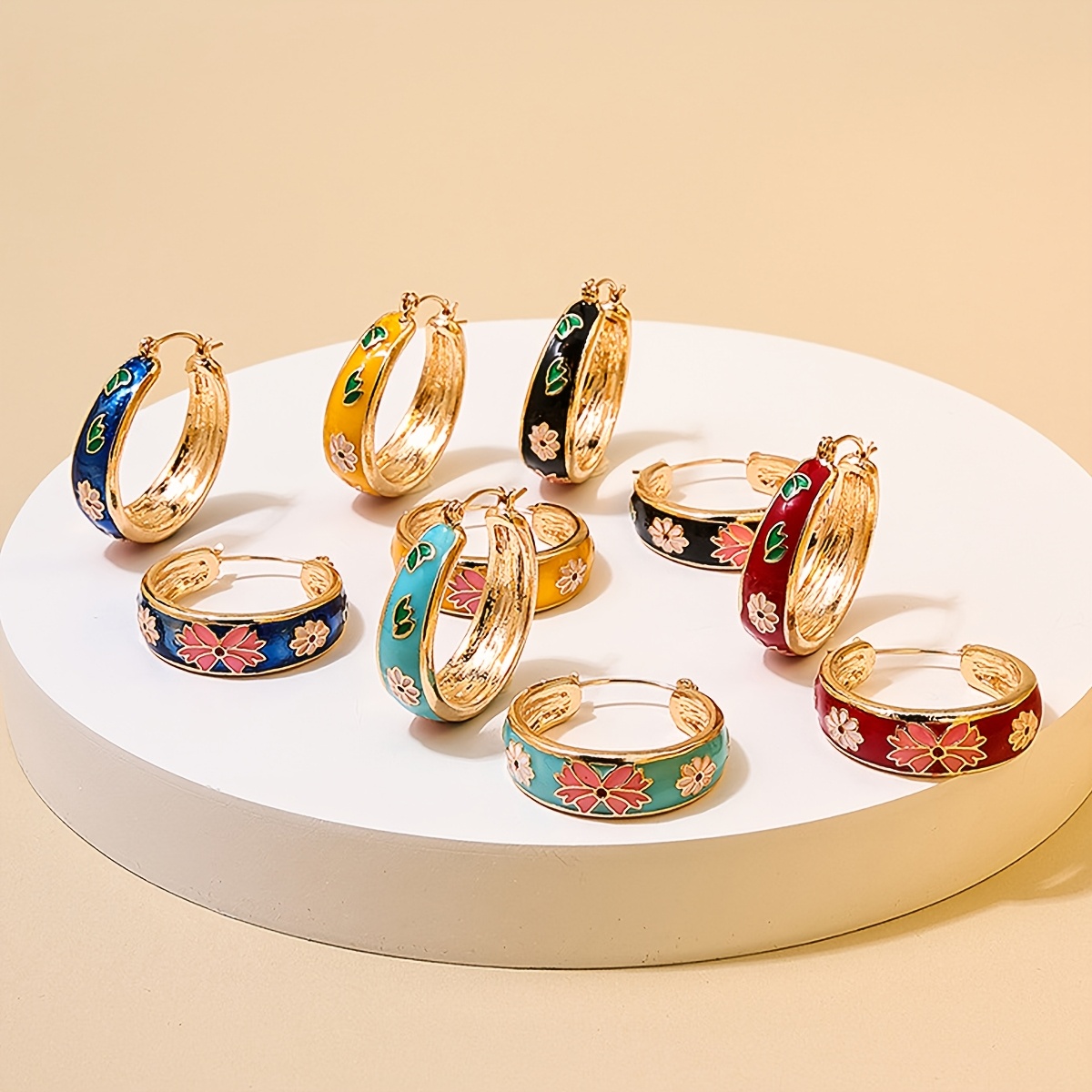 Women's Vintage-Inspired Enamel Flower Hoop Earrings